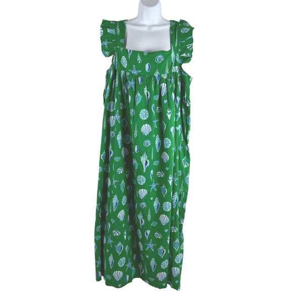Printfresh Shoreline Dress 2X Green Blue Seashells Ruffle NWT DR-1783 - Picture 1 of 10